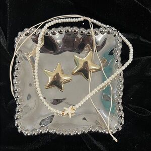 Pearl Necklace with Star Pendant and Gold Star Earrings